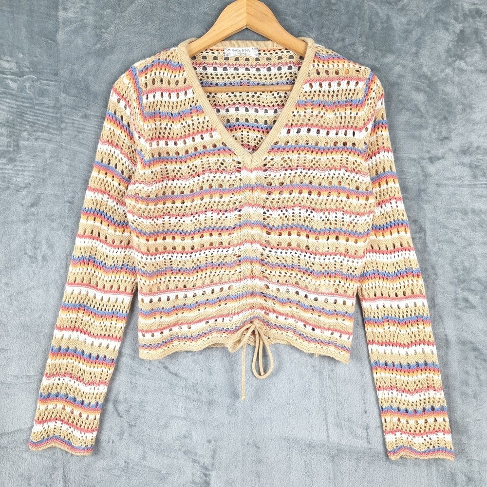 Womens Sweater Medium Boho Crochet Knit Cottagecore Indie Striped Tie Front Crop